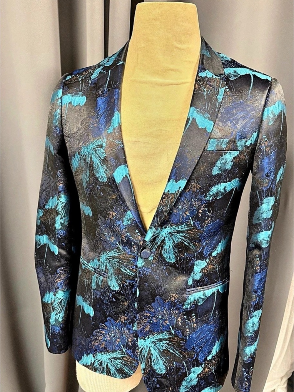 Topman Skinny Fit Floral Jacquard Suit Jacket Blue & Black Medium